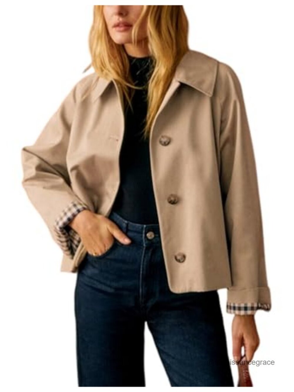 Oversize Trench Coat Plaid Lining Lapel Button Down Crop Casual Jacket